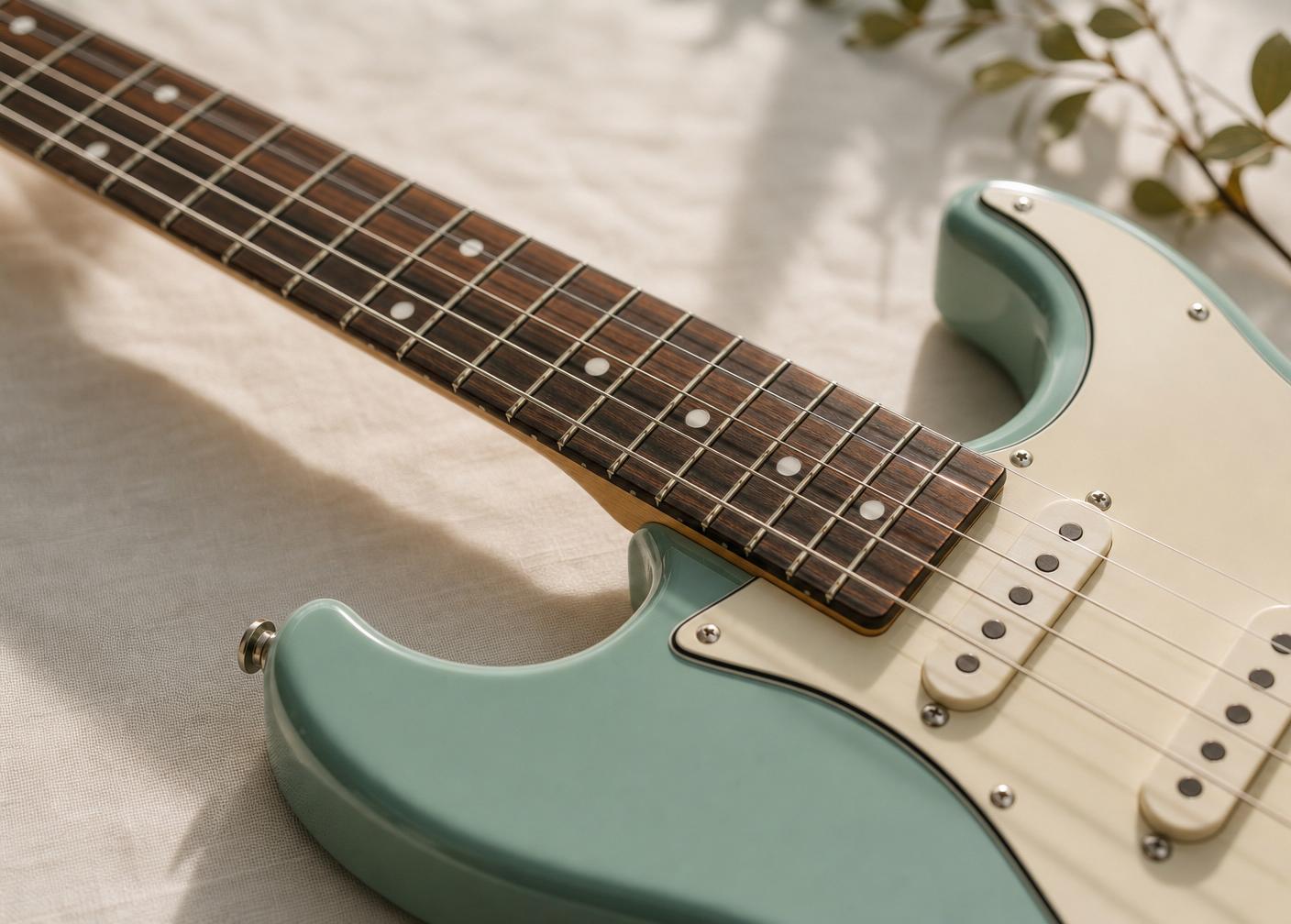 Detail of an electric guitar in soft natural light