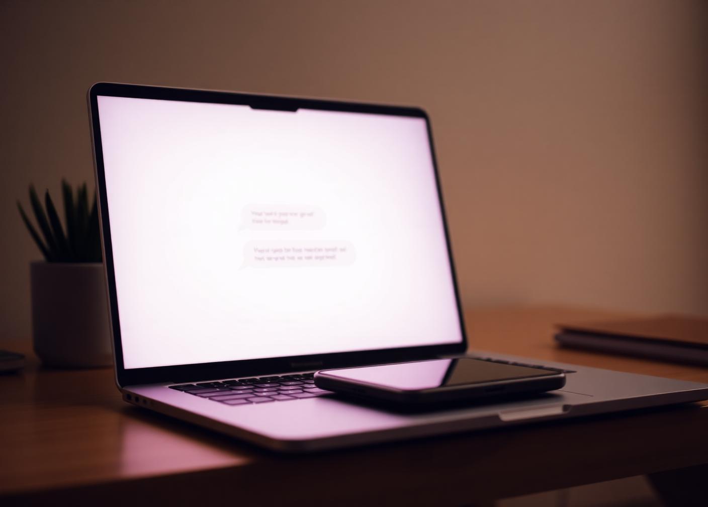 Soft glowing laptop screen with an abstract conversational interface