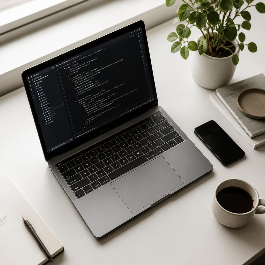 Laptop showing code in a bright workspace